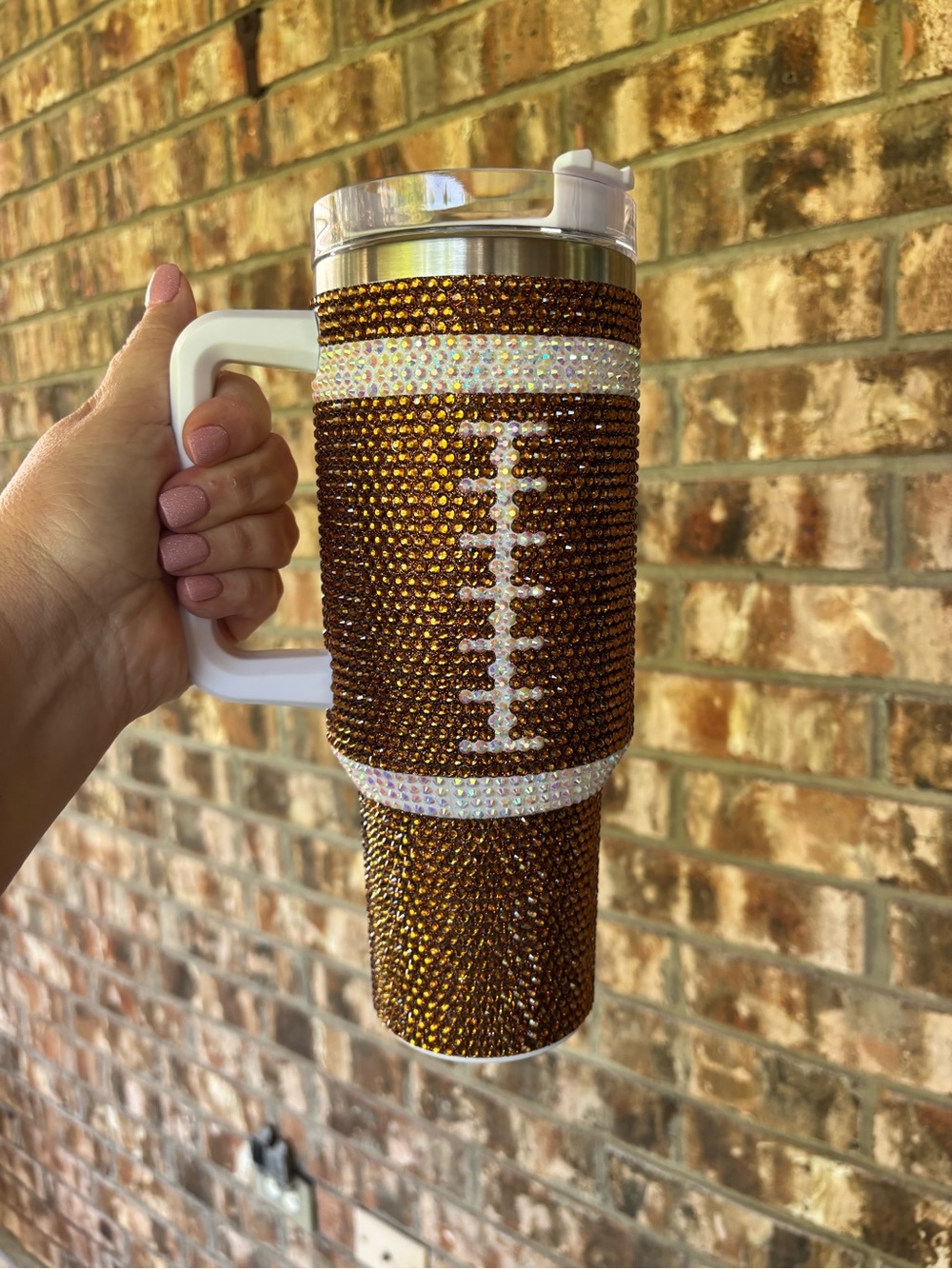 Rhinestone Football Tumbler Mug - Brown and Iridescent